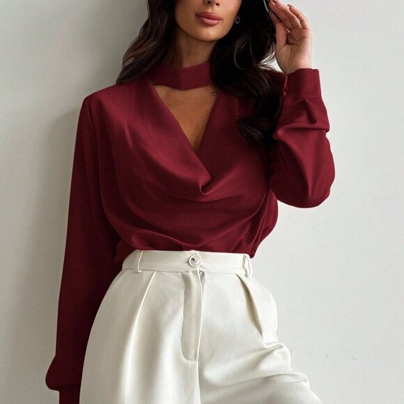 MODA ME COUTURE Tops - Burgundy Minimalist Women's 0vowl neck Long Sleeve Shirt
